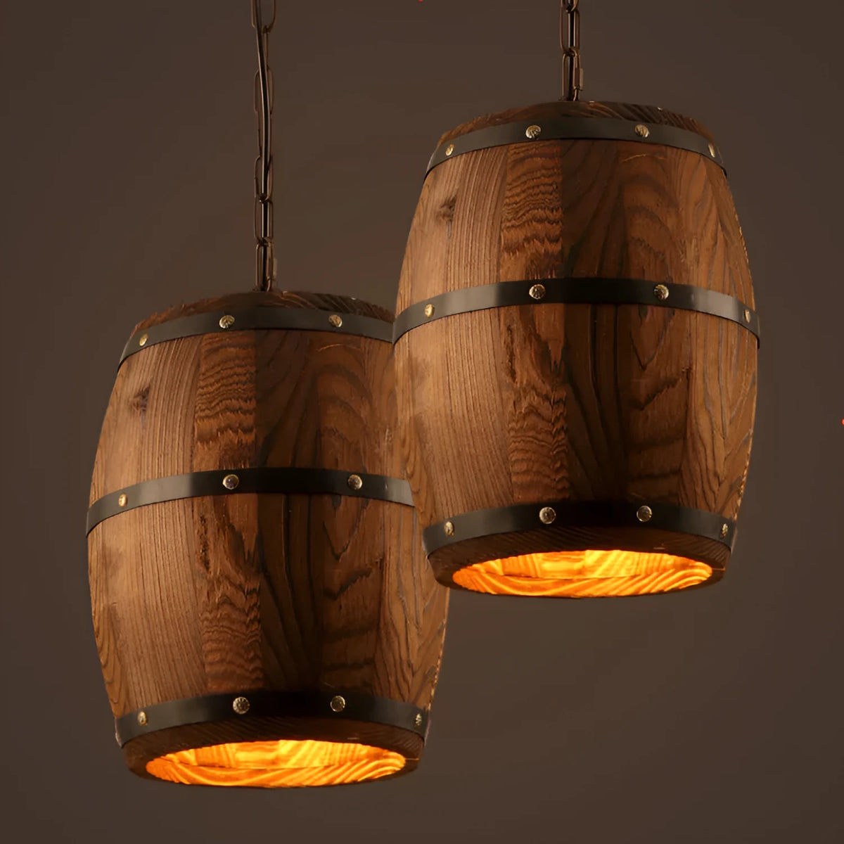 Wooden wine barrel chandelier with wood shade and light body, E27 LED fitting, adjustable 1.1m height, 33cm x 23cm x 33cm