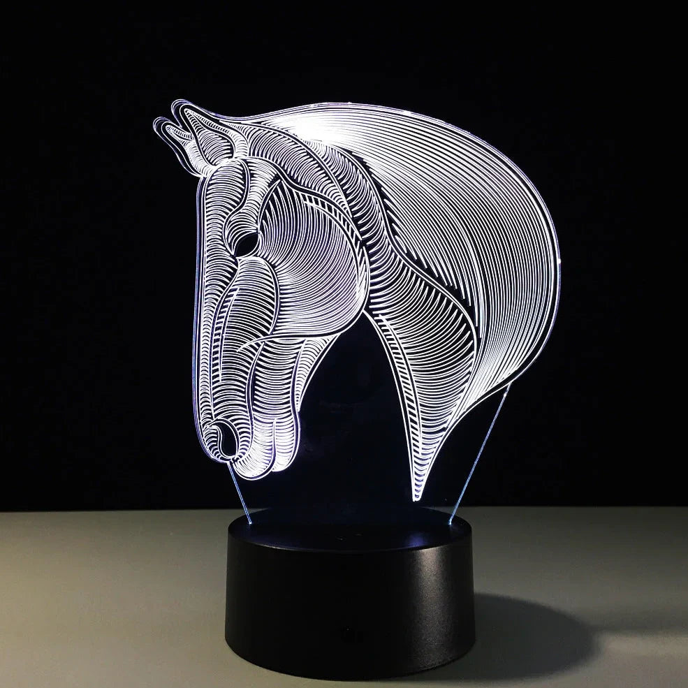 Horse head shaped LED night light with touch control showing multiple colour options