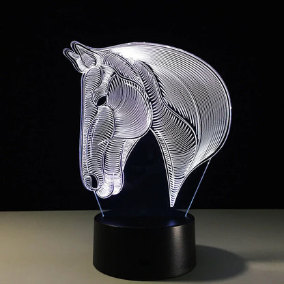 Horse head shaped LED night light with touch control showing multiple colour options