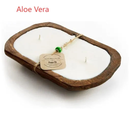 Retro wooden basin containing a lavender-scented soy wax candle with three visible wicks.