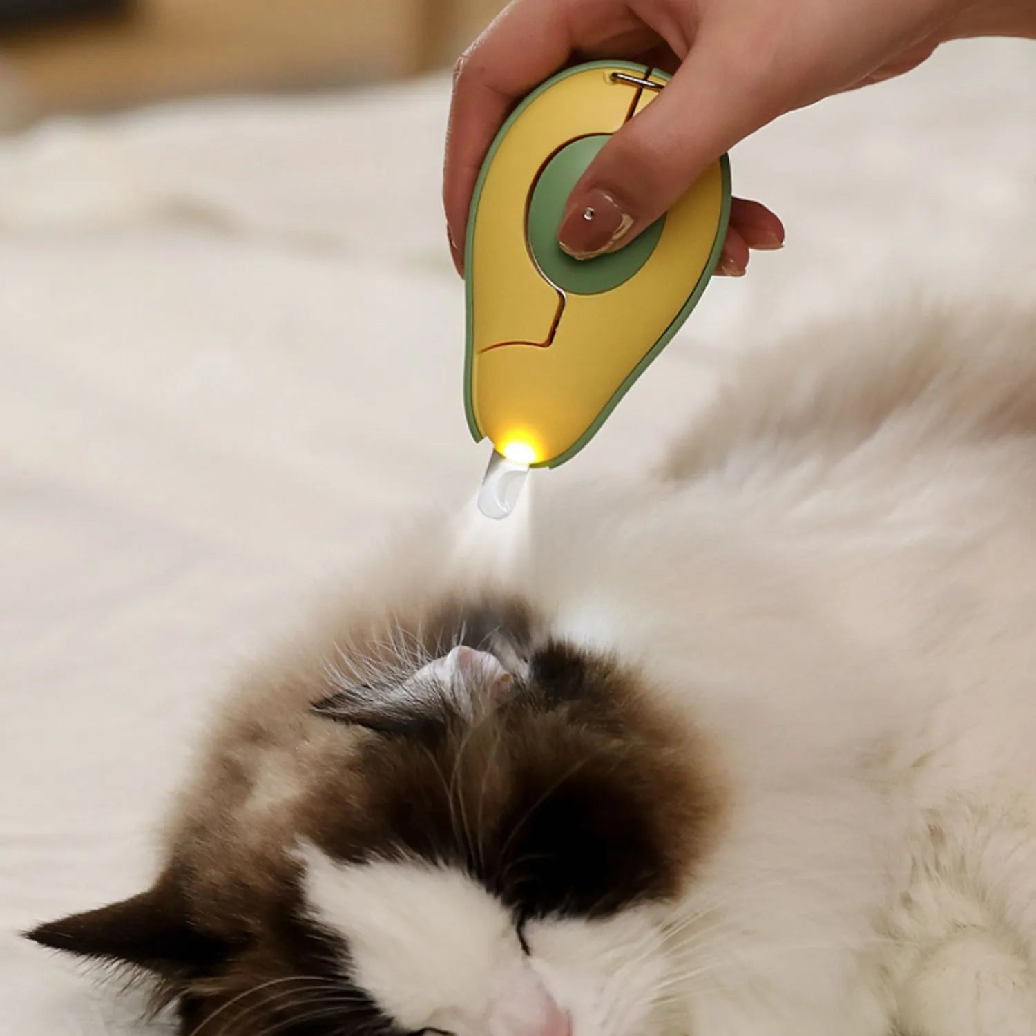 Professional LED pet nail clipper for small dog and cat claw trimming in green, pink, and white colours