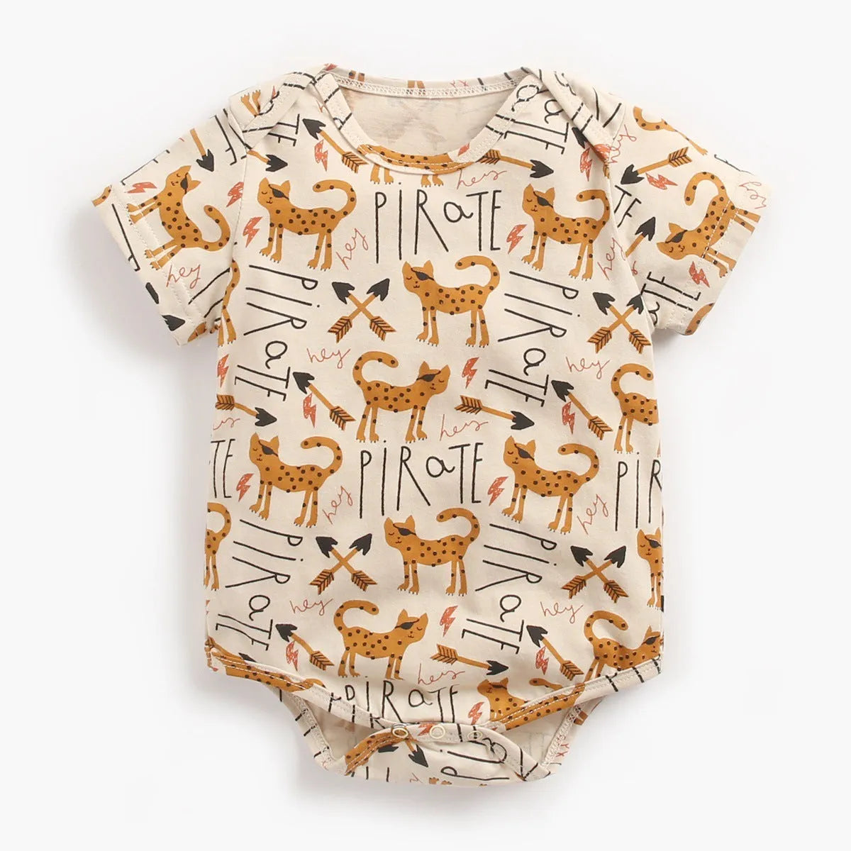 100% cotton short sleeve baby bodysuit in green animal forest print, sizes 0-6m to 2-3T