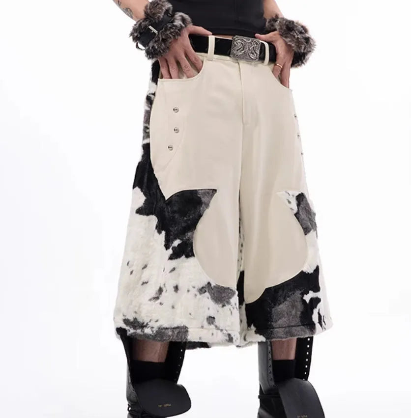 Milk fibre stitching fur cropped trousers with checkered pattern in picture colour, shown in Asian sizes S M L XL.