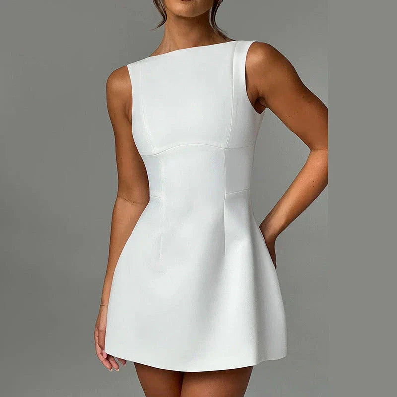 Fashionable backless summer dress in various colors, featuring a sleek silhouette, high-waist design, and chic style.