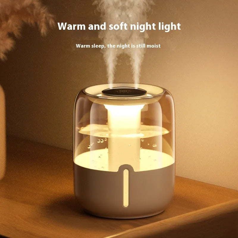 Beige round humidifier with dual spray nozzles, humidity display, and USB power connection