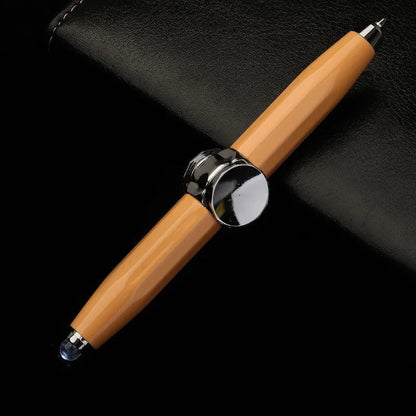 Creative multi-function metal pen with LED light and fingertip gyro spinner for writing and fidgeting.