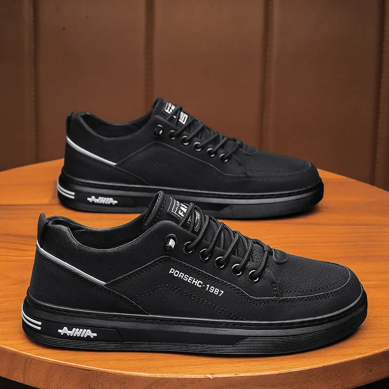 Men's khaki waterproof casual shoes with round toe and rubber sole for work and leisure.