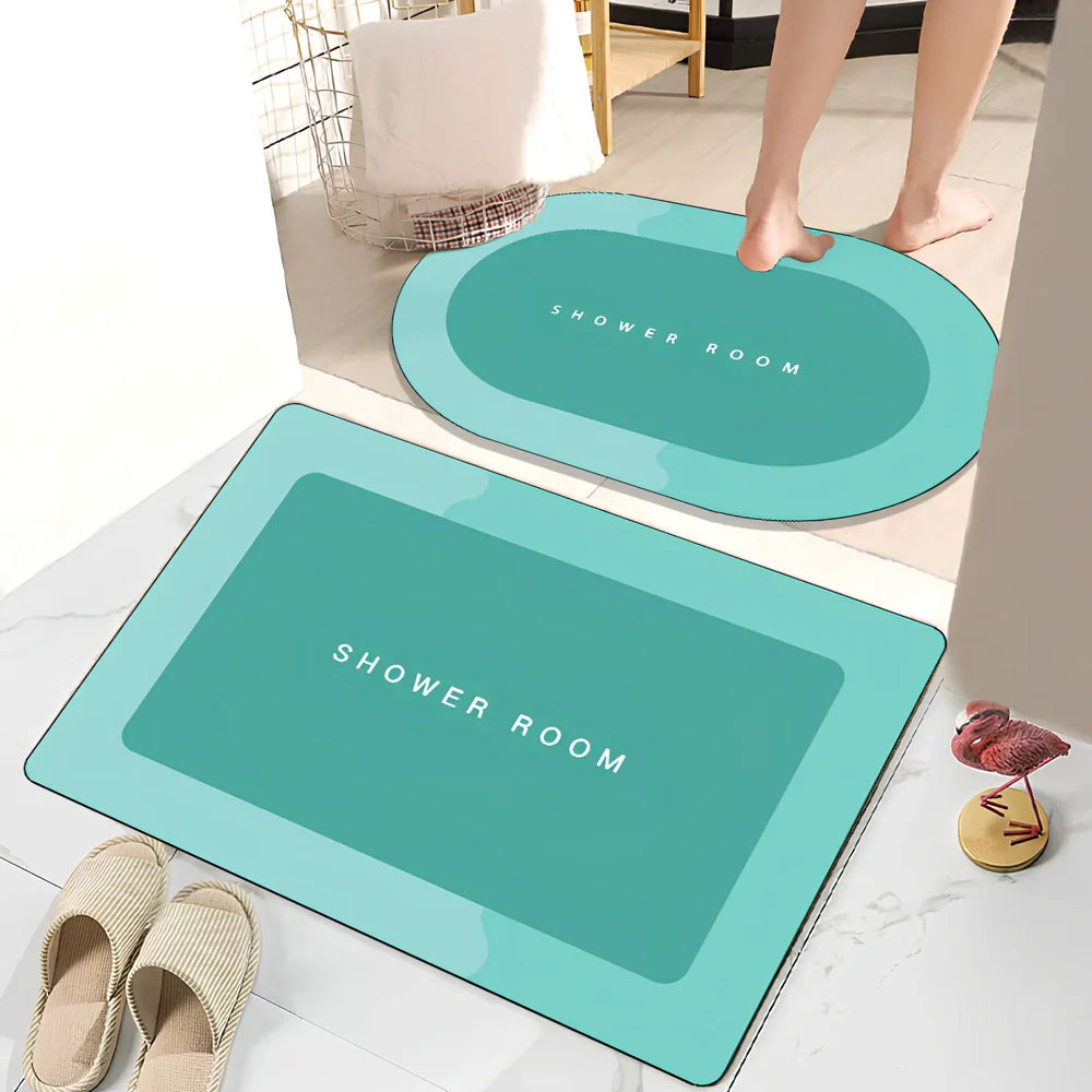 Rectangular bathroom floor mat with check pattern in blue colour, measuring 40x60cm with non-slip backing