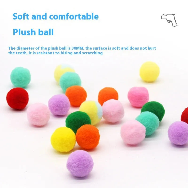 Interactive plastic pet toy gun and soft plush yarn balls on a carpet for fetch games.