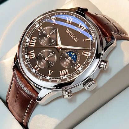 Men's quartz sport watch with 40.5mm round dial, coffee imitation leather strap, and pin buckle