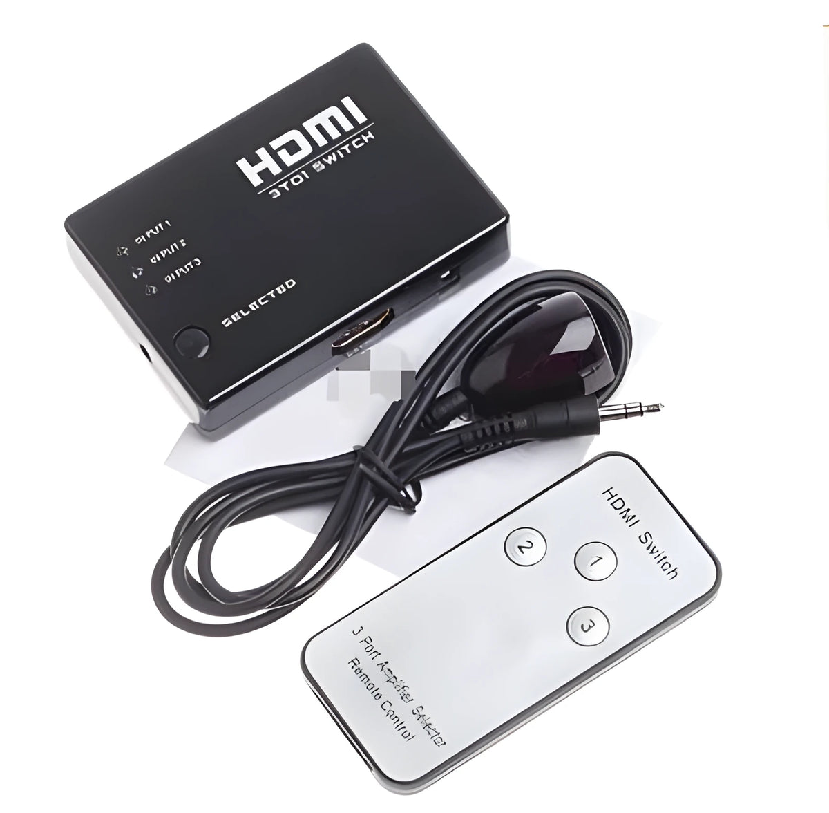 RobotSky black 3-port HDMI switch with IR remote, supports 1080p and HDMI 1.3b, compact 8 x 5.8 x 1.8cm