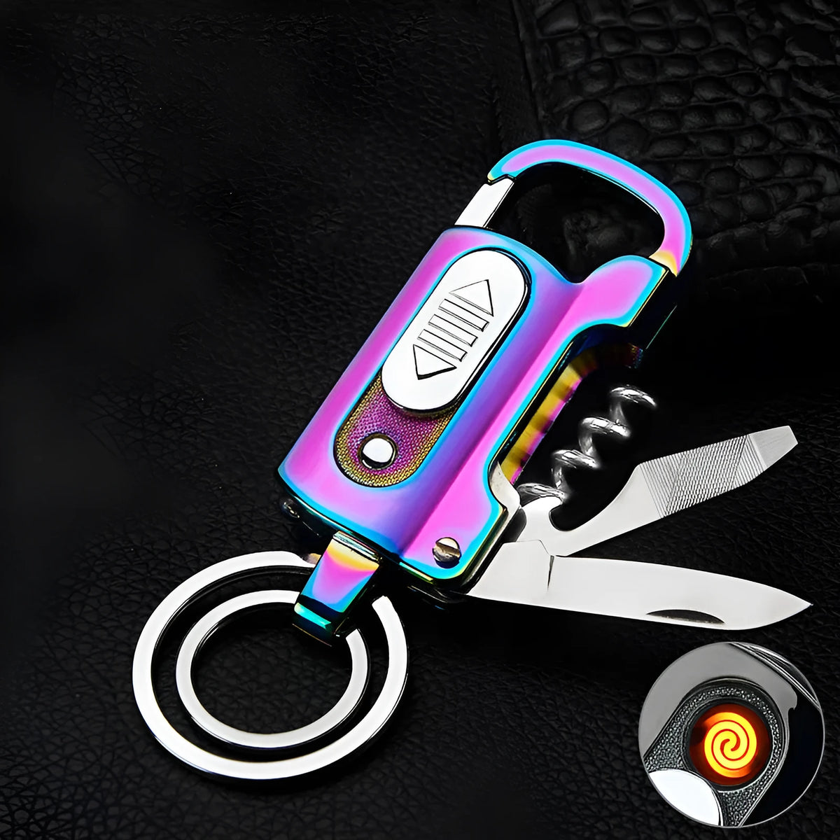 Multi-functional keychain charging lighter in zinc alloy, 10cm, ice surface finish, five colour options