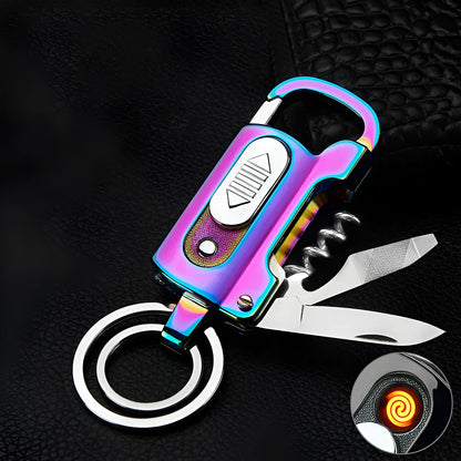 Multi-functional keychain charging lighter in zinc alloy, 10cm, ice surface finish, five colour options