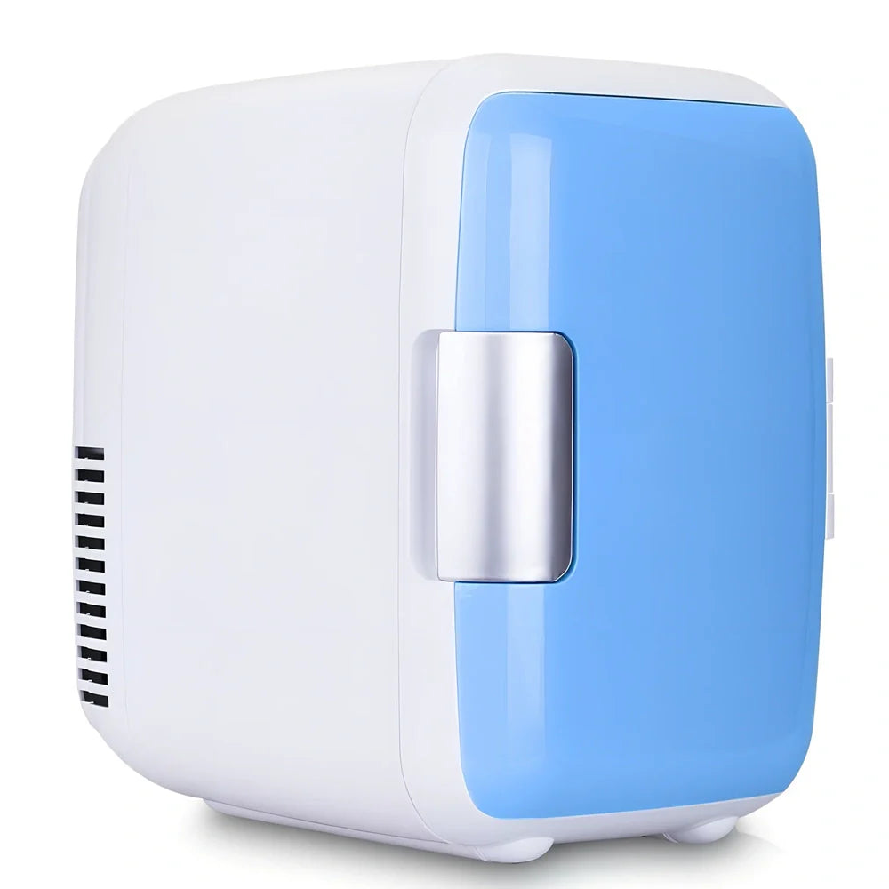 Blue 4L car refrigerator with handle showing dimensions and cigarette lighter plug