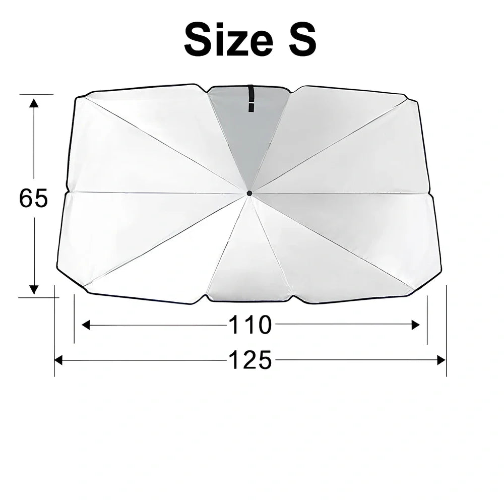 Foldable car windshield sunshade with titanium silver coating and black steel frame in three sizes