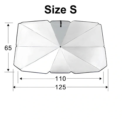 Foldable car windshield sunshade with titanium silver coating and black steel frame in three sizes