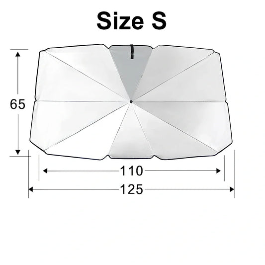 Foldable car windshield sunshade with titanium silver coating and black steel frame in three sizes