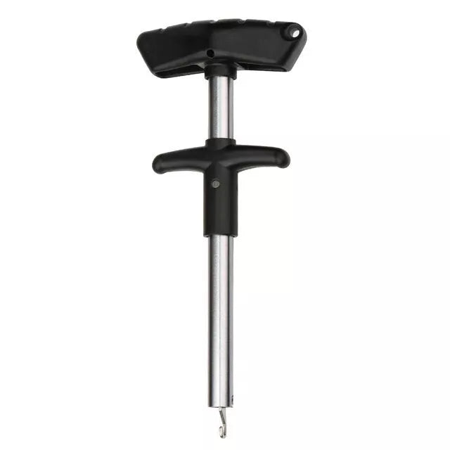 Portable T-shaped hook extractor for safe fishing in black, yellow, blue, and orange