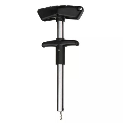 Portable T-shaped hook extractor for safe fishing in black, yellow, blue, and orange