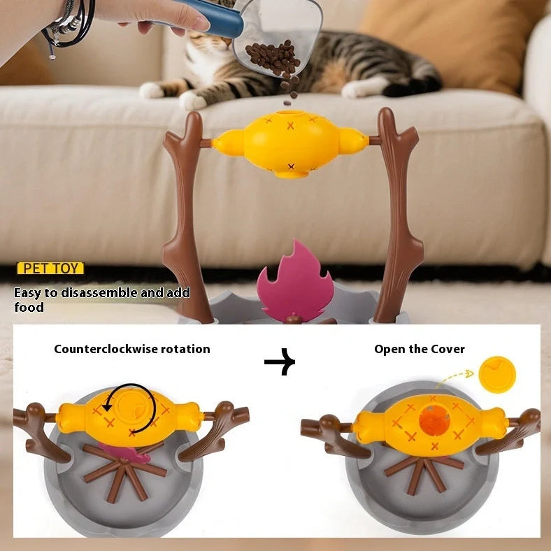 30x30x29cm cat toy with barbecue tumbling design and leakage food feeder mechanism made from ABS, PP and TPR materials