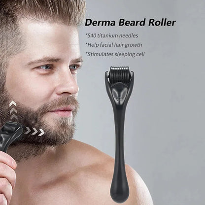 Black derma roller with titanium microneedles for facial skin and hair treatment, showing needle close-up