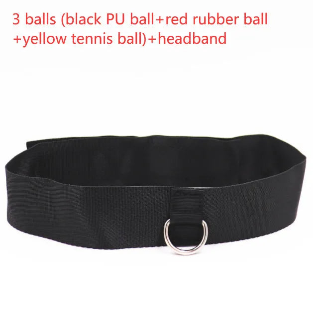 Head-mounted boxing reaction ball trainer with adjustable headband and multiple coloured balls