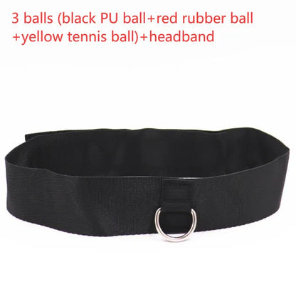Head-mounted boxing reaction ball trainer with adjustable headband and multiple coloured balls