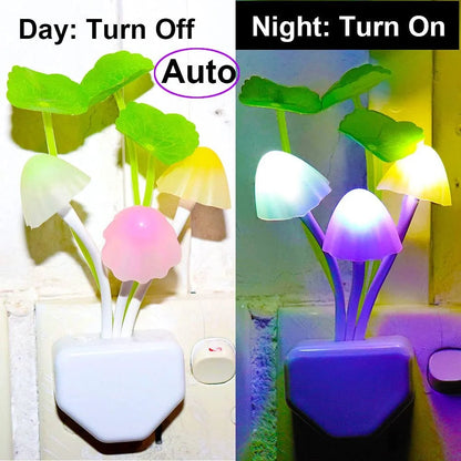 Color-changing LED mushroom night light with automatic sensor for home use