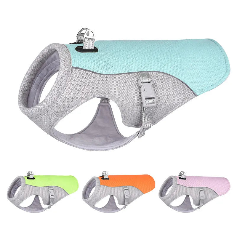 Orange polyester dog cooling vest showing layered construction and adjustable fit on a medium-sized dog.