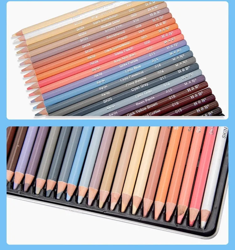 Set of 24 skin tone colour art pencils and HB refills in a round iron box brush pot.