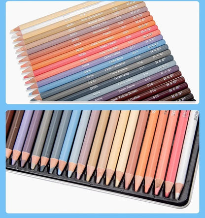 Set of 24 skin tone colour art pencils and HB refills in a round iron box brush pot.