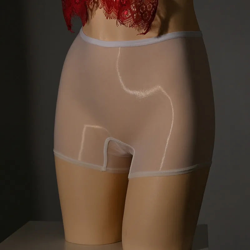 Shiny men's nylon underwear stockings in red, black, grey, white, fair skin, natural skin, and brown colours on a mid waist.
