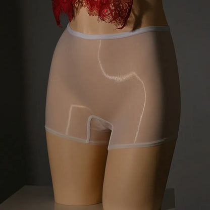 Shiny men's nylon underwear stockings in red, black, grey, white, fair skin, natural skin, and brown colours on a mid waist.