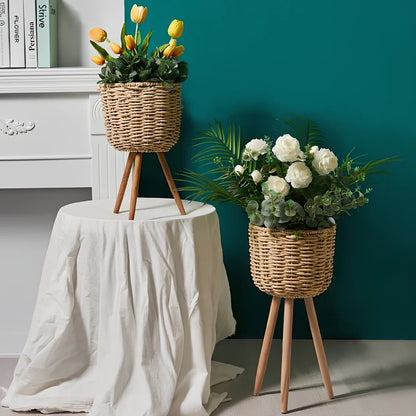 Nordic style floor-standing flowerpot with straw furniture in three sizes for indoor plant display