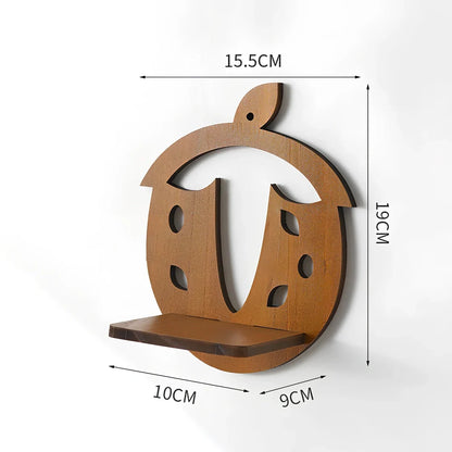 Solid wood wall shelving with irregular shape displaying plants in water bottle reservoirs with retro castle design