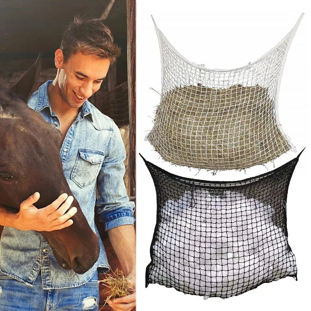 Black woven grid hanging feeding bag for horses, shown against a stable background.