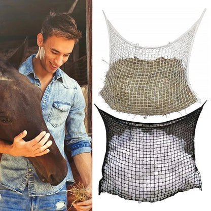 Black woven grid hanging feeding bag for horses, shown against a stable background.