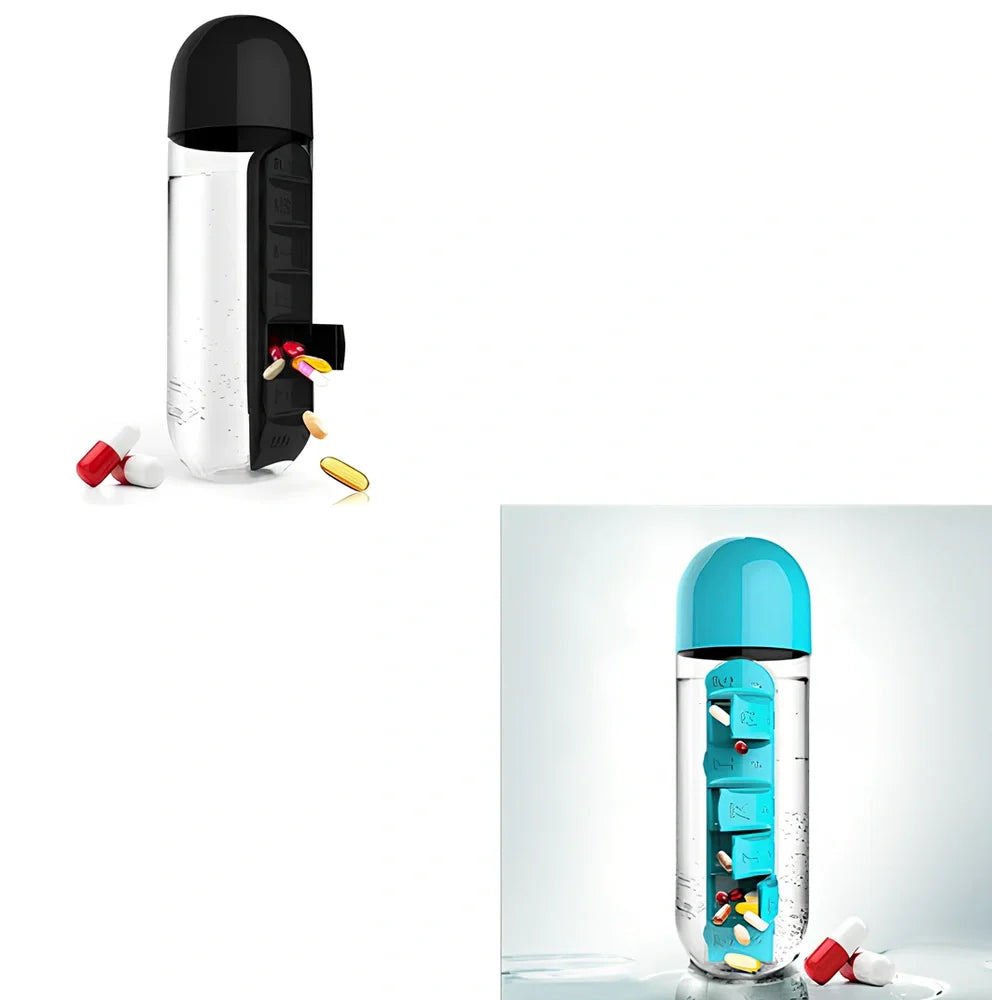 Two-in-one water cup with attached 7-day pill organiser showing daily compartments and screw-top lid