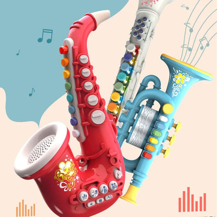 Colorful simulation musical instruments including saxophone, trumpet, and clarinet toys for early childhood education and development