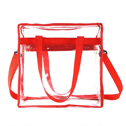 Women's PVC transparent shoulder messenger bag showing clear front panel with colour options and dual strap design