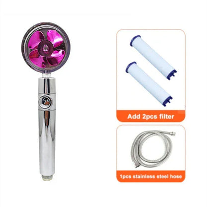 High-performance water-saving shower head with 360-degree rotation and fan feature, offering a luxurious shower experience