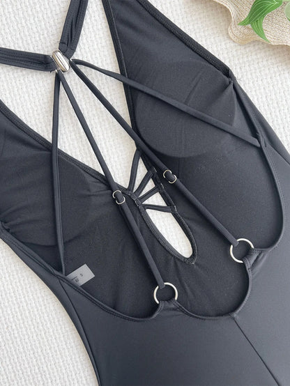 Black ladies one-piece nylon bikini for swimming