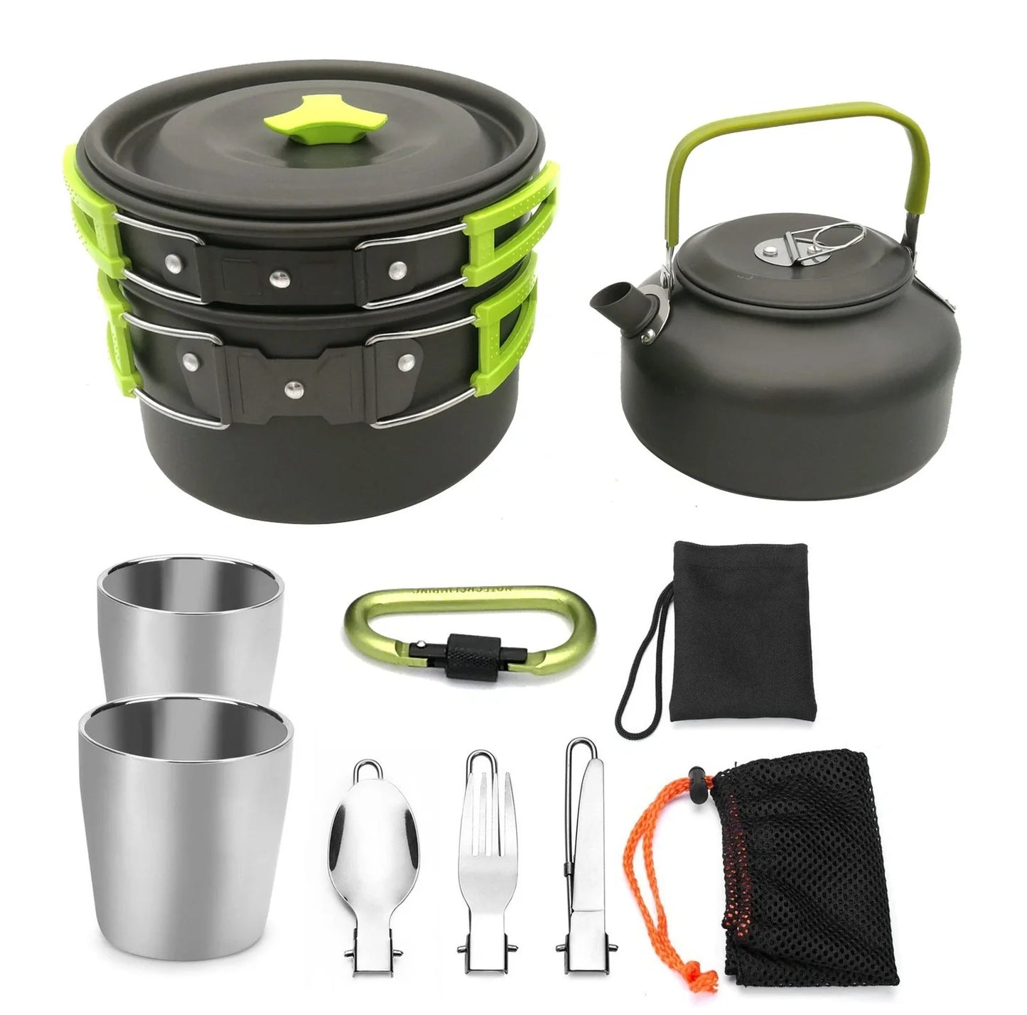 Outdoor camping cookware set with saucepan, frying pan, teapot, and stainless steel cups in mesh storage bag