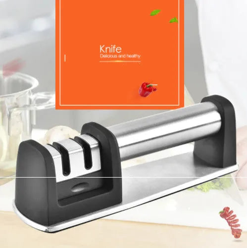 Black ABS plastic manual kitchen knife sharpener with an ergonomic handle.