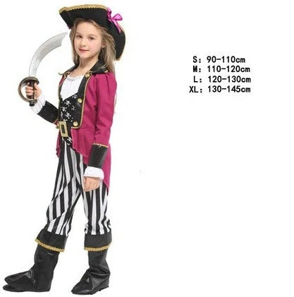 Halloween children's pirate costume with multiple character options and sizing guidance