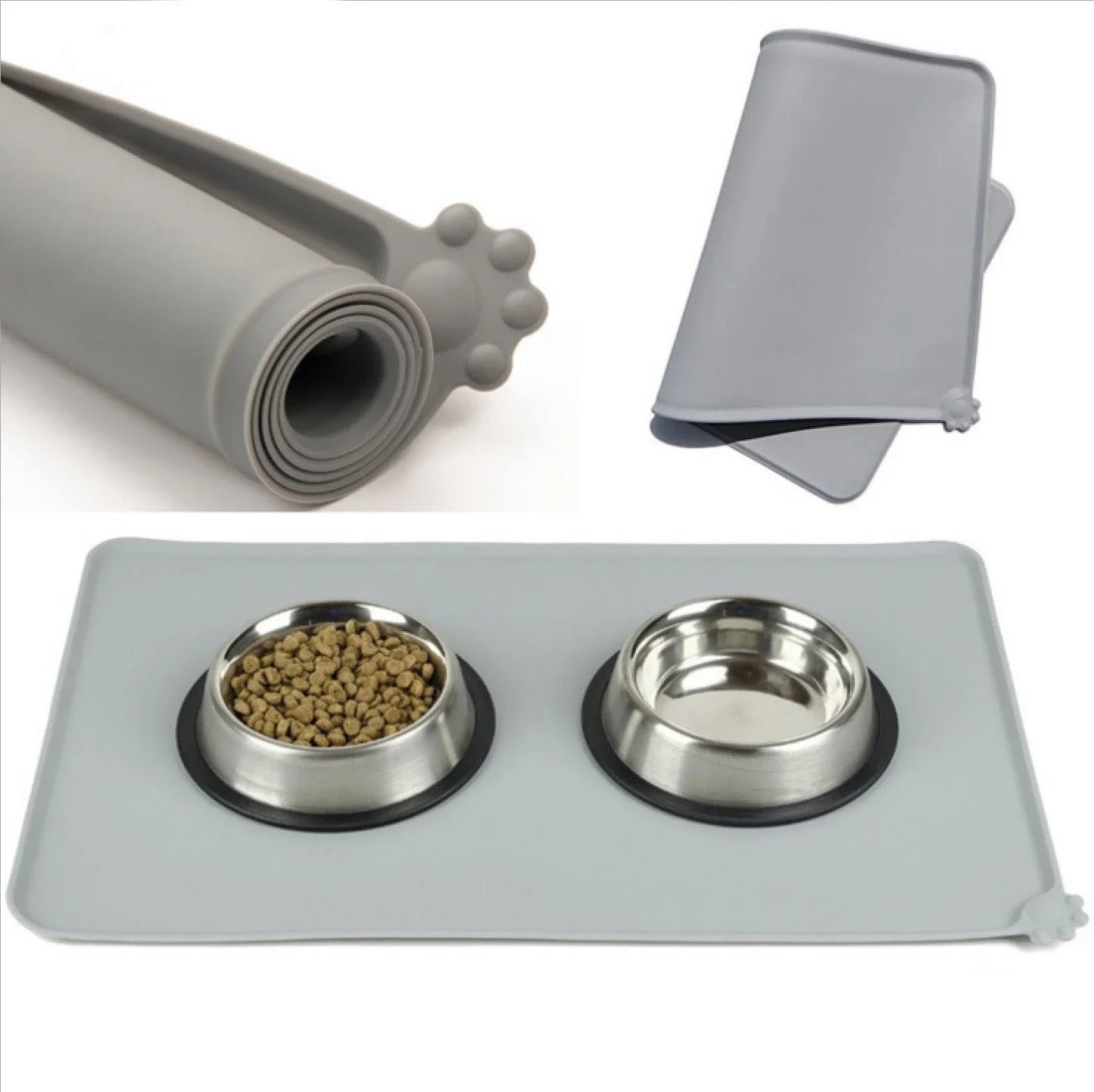 Silicone pet food mat with raised edges and non-slip base to contain messes and protect floors during pet mealtimes