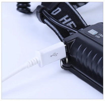 Fixed focus head torch for camping with long-range LED beam, shown with charger.