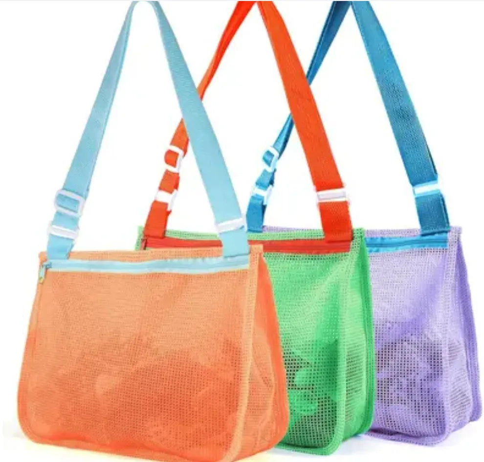 Blue children's travel storage organiser bag with nylon mesh construction and shoulder strap