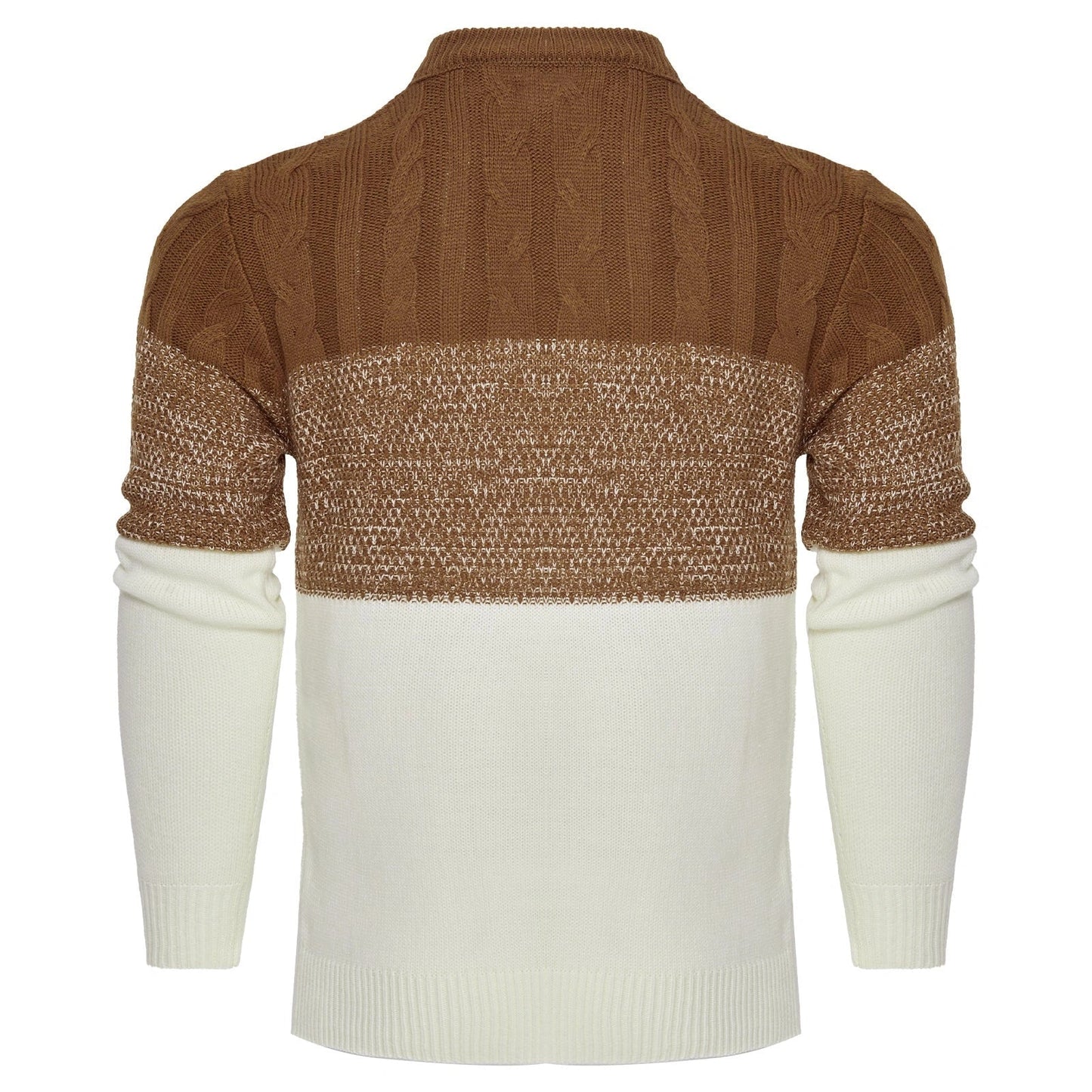 Men's color block cable knit acrylic sweater in black, blue, and brown