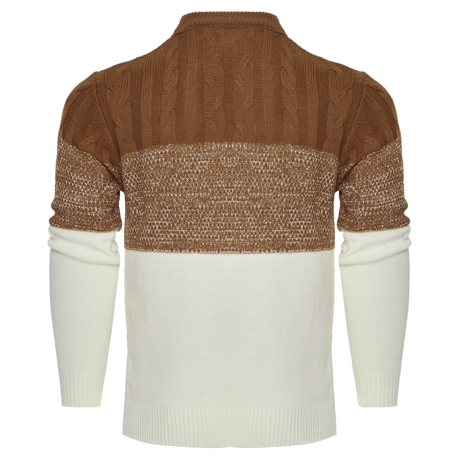 Men's color block cable knit acrylic sweater in black, blue, and brown